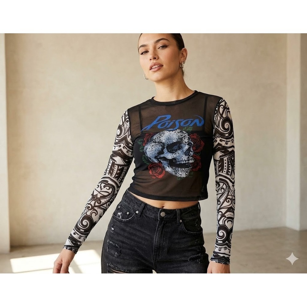 Poison Crop Top‎ L Black Mesh Tribal Skull Tatoo Graphic Cyberpunk Goth